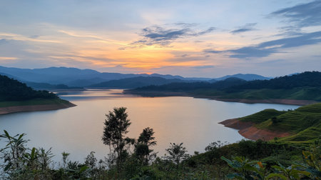 A beautiful view of Lam Takhong Reservoir during a tranquil evening.の素材