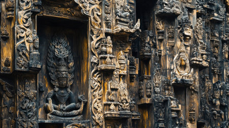 A close-up of the intricate details of the carvings at Wat Phra Chedi Sam Ong.の素材