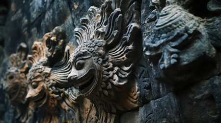 A close-up view of the ancient stone carvings at Phimai Historical Park.の素材