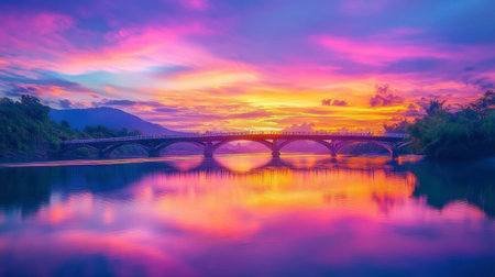 A colorful view of the sunset over the famous Mon Bridge, casting reflections on the water.の素材