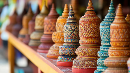A close-up of colorful local handicrafts at the Kanchanaburi market, showcasing Thai culture.の素材
