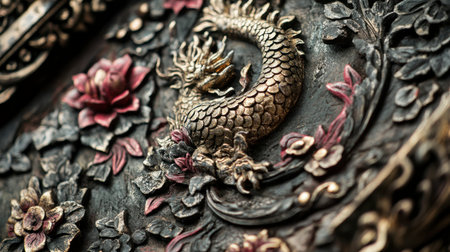 A close-up of the intricate details of the carvings at Wat Phra Chedi Sam Ong.の素材