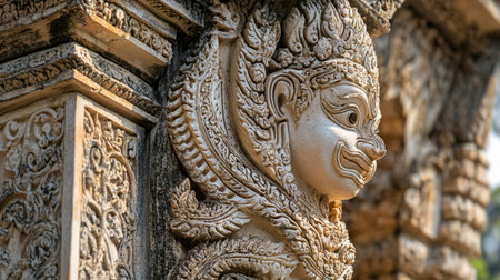 A close-up of the intricate details of the carvings at Wat Phra Chedi Sam Ong.の素材