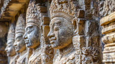 A close-up view of the intricate sculptures adorning the temples in Kanchanaburi.の素材