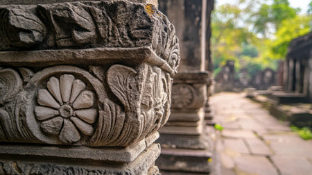 A close-up view of the ancient stone carvings at Phimai Historical Park.の素材