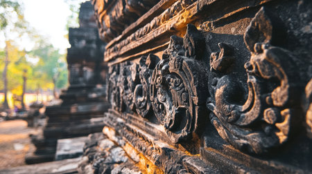 A close-up view of the ancient stone carvings at Phimai Historical Park.の素材
