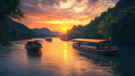 A picturesque sunset view of the River Kwai, with boats gently gliding on the water.の素材