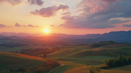 A peaceful sunset at the scenic Wang Nam Khiao hills, with vibrant skies and rolling landscapes.の素材