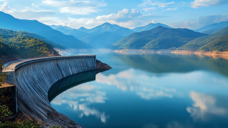 A scenic view of Lam Takhong Dam, with the reservoir reflecting the mountains.の素材