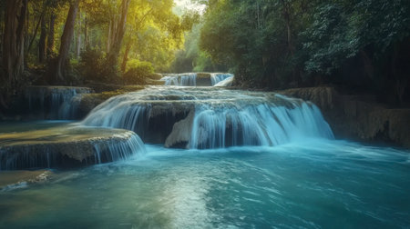 A serene view of Erawan Waterfall, showcasing its turquoise waters cascading over limestone tiers.の素材