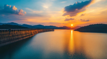 A serene moment at the Srinakarin Dam, with the setting sun casting warm colors over the water.の素材