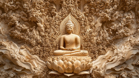 An intricate wood carving of the Buddha at Wat Luang Phor Toh, a spiritual landmark.の素材