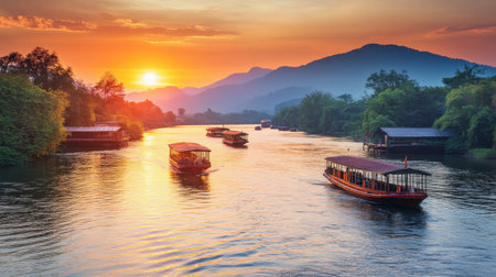 A picturesque sunset view of the River Kwai, with boats gently gliding on the water.の素材