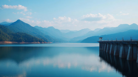 A scenic view of Lam Takhong Dam, with the reservoir reflecting the mountains.の素材