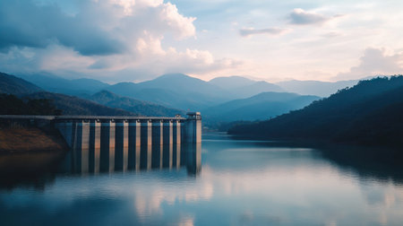 A scenic view of Lam Takhong Dam, with the reservoir reflecting the mountains.の素材