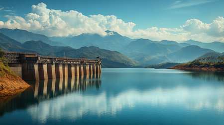 A scenic view of Lam Takhong Dam, with the reservoir reflecting the mountains.の素材