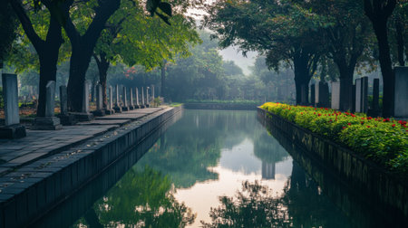 A serene moment at the historic Kanchanaburi War Cemetery, filled with reflection and peace.の素材