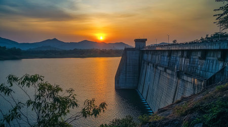 A serene moment at the Srinakarin Dam, with the setting sun casting warm colors over the water.の素材