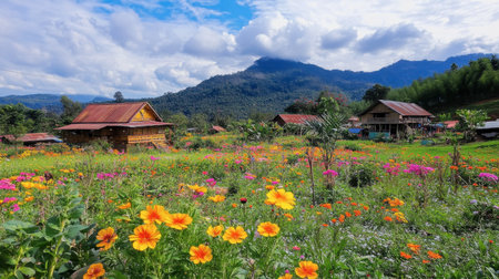 Colorful flowers in bloom at Wang Nam Khiao, known as the Switzerland of Isaan.の素材