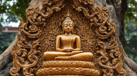 An intricate wood carving of the Buddha at Wat Luang Phor Toh, a spiritual landmark.の素材