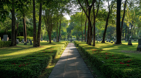 A serene moment at the Kanchanaburi War Cemetery, honoring those who lost their lives.の素材