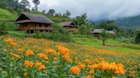 Colorful flowers in bloom at Wang Nam Khiao, known as the Switzerland of Isaan.の素材