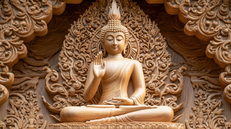 An intricate wood carving of the Buddha at Wat Luang Phor Toh, a spiritual landmark.の素材