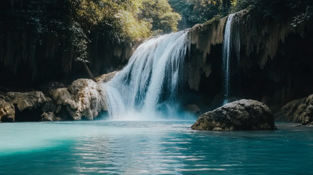 A serene view of Erawan Waterfall, showcasing its turquoise waters cascading over limestone tiers.の素材