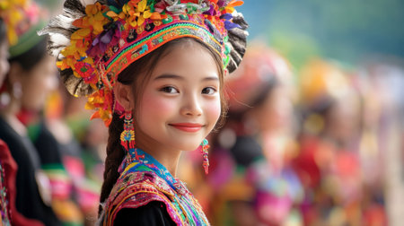 A vibrant scene of the Mon people showcasing their traditional costumes and crafts.の素材