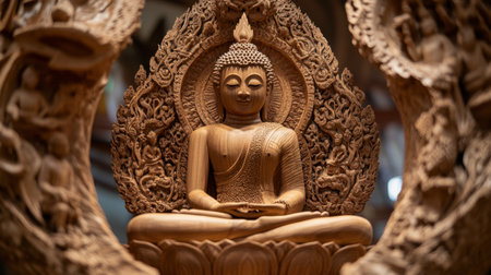 An intricate wood carving of the Buddha at Wat Luang Phor Toh, a spiritual landmark.の素材