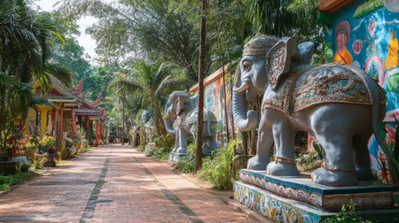 Elephant sculptures and vibrant murals decorating the grounds of Wat Ban Rai.の素材