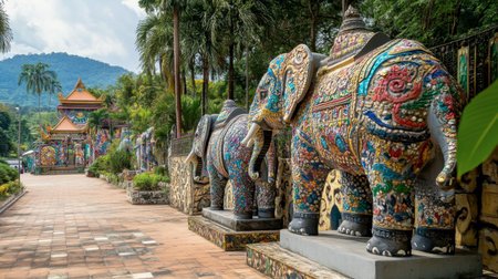 Elephant sculptures and vibrant murals decorating the grounds of Wat Ban Rai.の素材