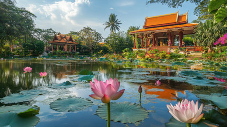 The beautiful lotus flowers blooming in the tranquil ponds at Wat Tham Sua.の素材