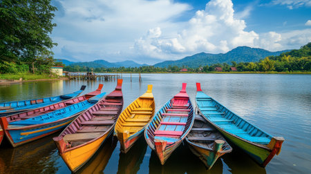 The colorful boats moored along the River Kwai, adding vibrancy to the serene landscape.の素材