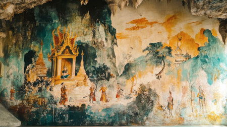 The colorful murals inside Wat Phayap Cave, depicting stories from Thai mythology.の素材