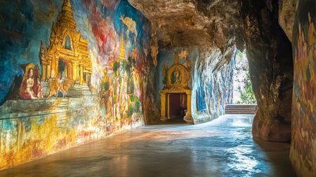 The colorful murals inside Wat Phayap Cave, depicting stories from Thai mythology.の素材