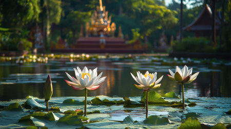 The beautiful lotus flowers blooming in the tranquil ponds at Wat Tham Sua.の素材
