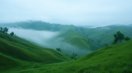 The cool, misty morning at Wang Nam Khiao, with rolling green hills and fog.の素材