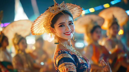 The cultural performances at Korat Annual Thao Suranaree Fair, showcasing traditional Thai dance.の素材