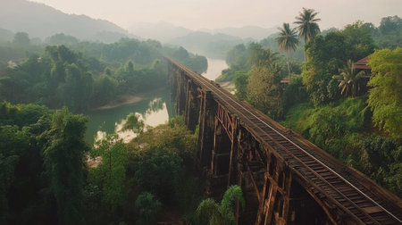 The iconic Bridge over the River Kwai, an essential historical landmark surrounded by lush greenery.の素材
