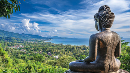 The iconic Big Buddha statue overlooking Phuket, surrounded by lush greenery and blue skies.の素材
