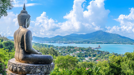 The iconic Big Buddha statue overlooking Phuket, surrounded by lush greenery and blue skies.の素材