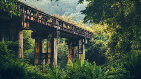The iconic Bridge over the River Kwai, an essential historical landmark surrounded by lush greenery.の素材