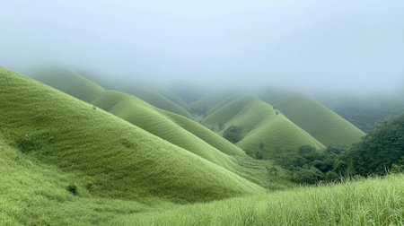 The cool, misty morning at Wang Nam Khiao, with rolling green hills and fog.の素材