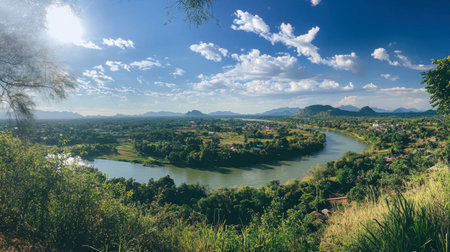 A breathtaking view of the countryside from the top of the hill at Kanchanaburi.の素材