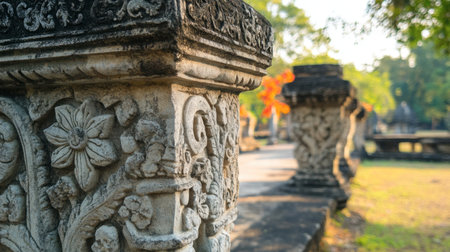 A close-up view of the ancient stone carvings at Phimai Historical Park.の素材