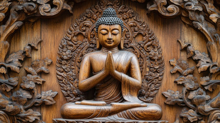 An intricate wood carving of the Buddha at Wat Luang Phor Toh, a spiritual landmark.の素材