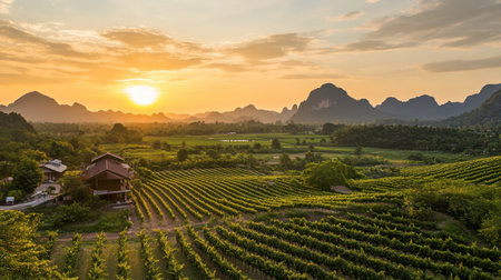 A beautiful sunset view at the vineyards in Wang Nam Khiao, with grapevines glowing in the evening light.の素材