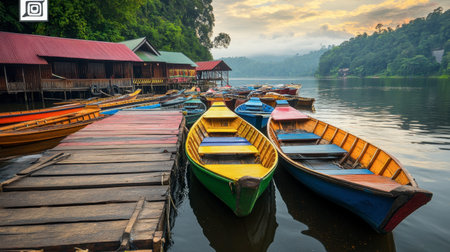 The colorful boats moored along the River Kwai, adding vibrancy to the serene landscape.の素材