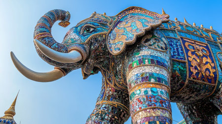 The intricate mosaics and sculptures of the giant elephant at Wat Ban Rai under a clear sky.の素材